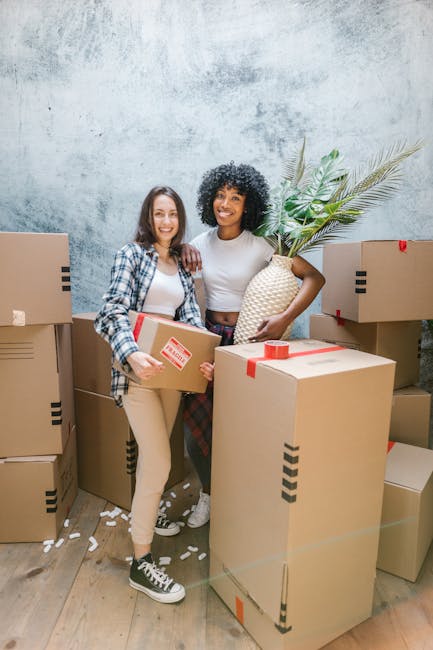 Two women engaged in a home relocation, standing amidst numerous packed cardboard boxes of various sizes, some sealed with red tape and others open with packing materials visible. One woman, wearing a checkered shirt and beige trousers, holds a medium-sized box, while the other, dressed in a white t-shirt and patterned pants, carries a large ceramic vase with a leafy green plant. They are inside a room with a textured grey wall and wooden flooring, surrounded by the boxes positioned near a doorway or open area for loading. The scene captures the process of packing and organizing items for a move, with the women smiling and preparing to load the boxes onto a vehicle such as a van, in line with professional house removal services provided by Movers Acton for local relocations, including aspects of furniture transport and packing logistics.